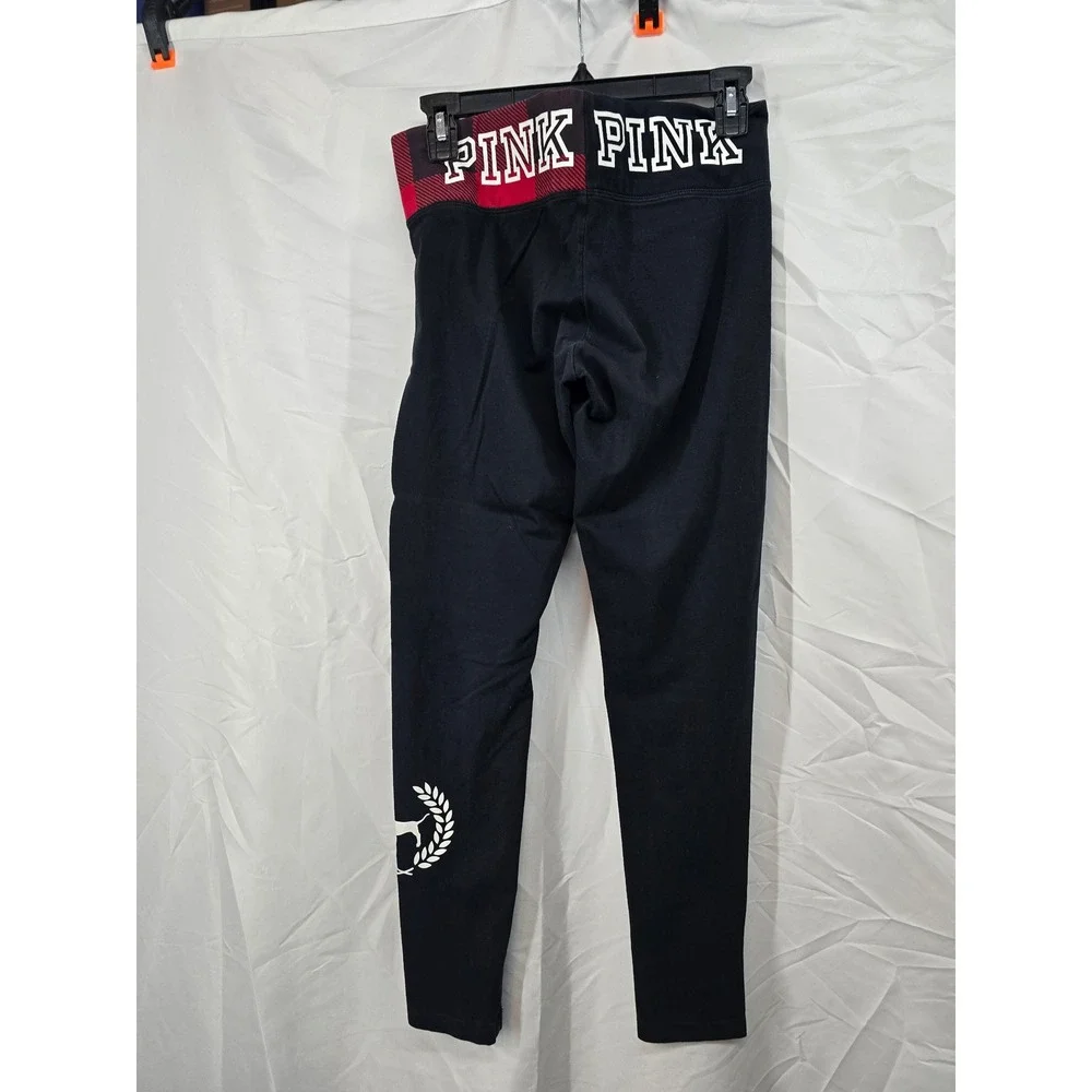 PINK Victoria's Secret Yoga Leggings Black‎ Plaid Logo Waistband Women's M
